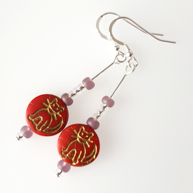 Cats - Red/purple hook earrings