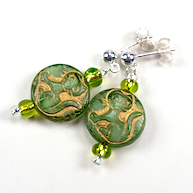 Cats - green Czech glass post earrings