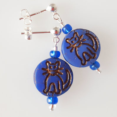 Cats - Blue Czech glass post earrings