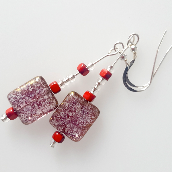 Red/clear mottled hook earrings
