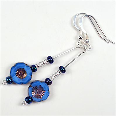 Rich blue Czech glass flower hook earrings