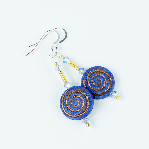 Bright blue/bronze swirl glass hook earrings
