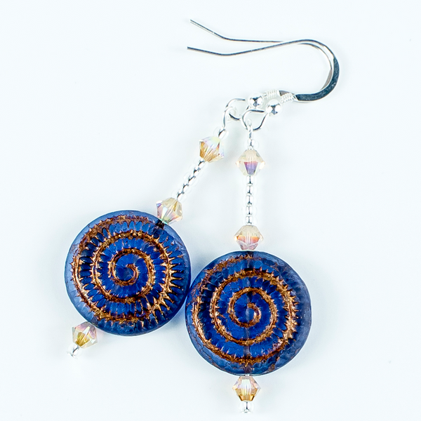 Blue/bronze swirl glass hook earrings