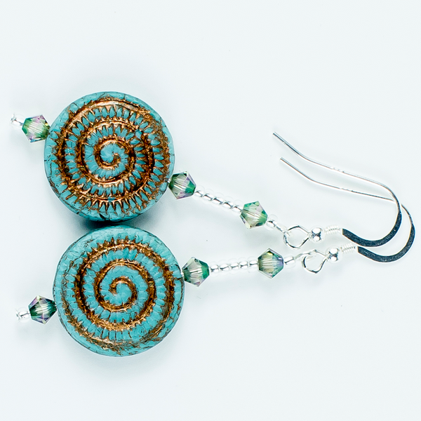 Aqua/bronze swirl Czech glass hook earrings