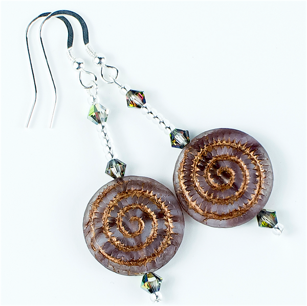 Burgundy/bronze swirl Czech glass hook earrings
