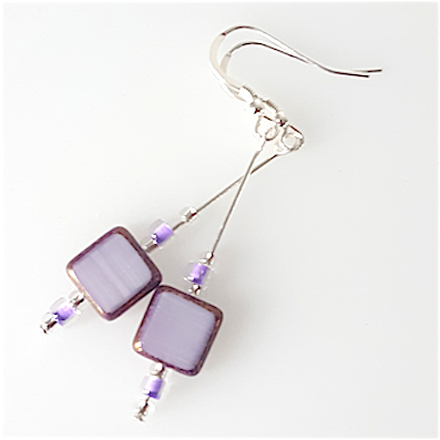 Lavender square glass hook earrings