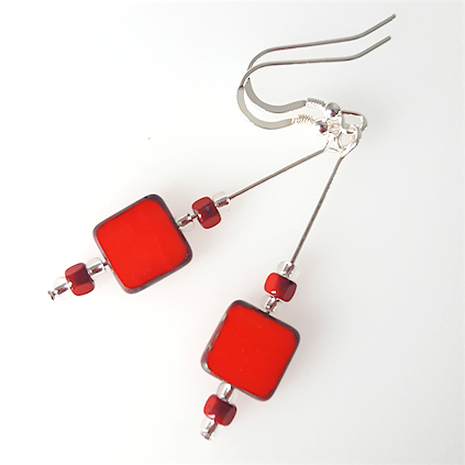 Bright red square glass, hook earrings.