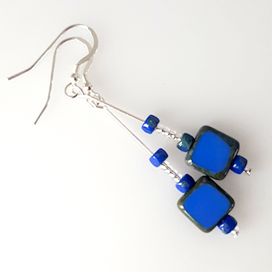 Cobalt blue square glass hook earrings