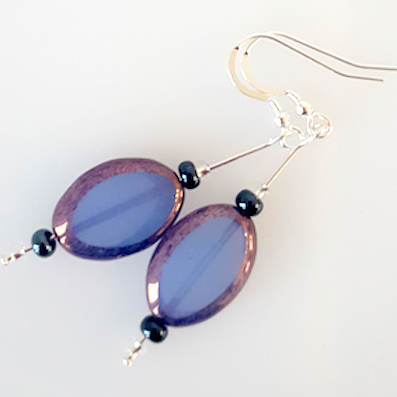 Blue oval Czech glass hook earrings
