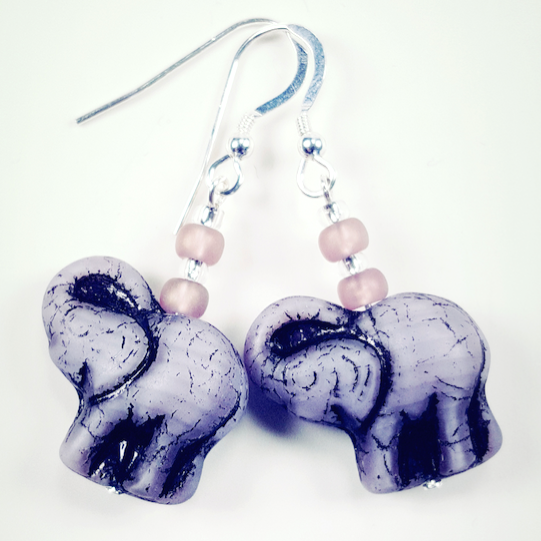 Lavender Elephant Earrings. Shorter with hooks.