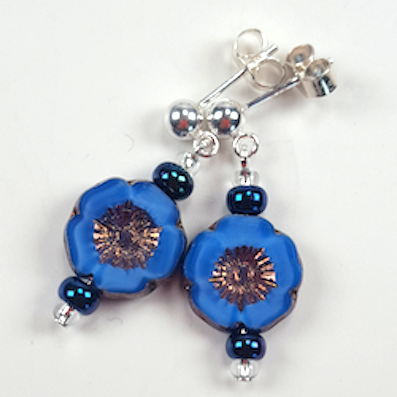 Rich blue Czech glass flower post earrings