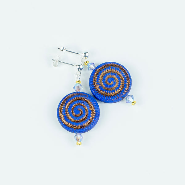 Bright blue/bronze swirl glass post earrings
