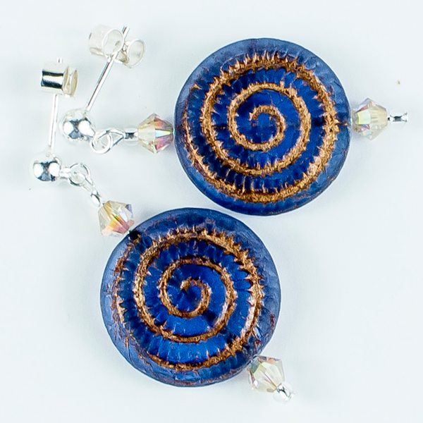 Blue/bronze swirl glass post earrings
