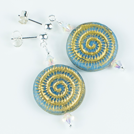 Pale blue/golden swirl glass post earrings