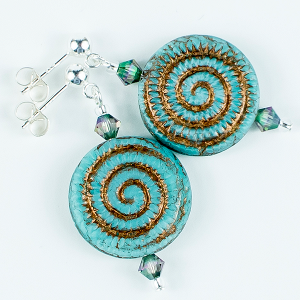 Aqua/bronze swirl Czech glass post earrings