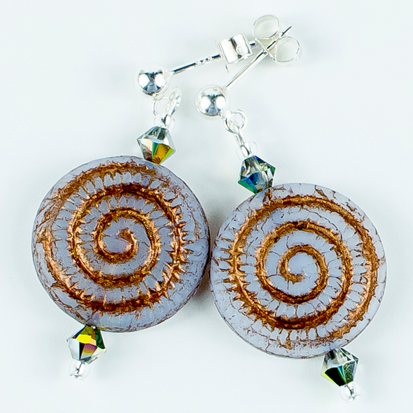 Grey/bronze swirl Czech glass post earrings