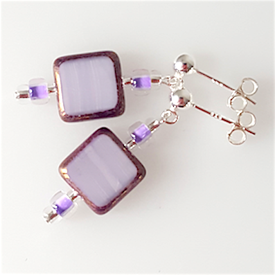 Lavender square glass, post earrings.