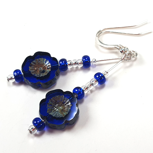 Dark blue cut flower hook earrings