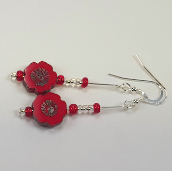 Red cut glass flower earrings. Hooks