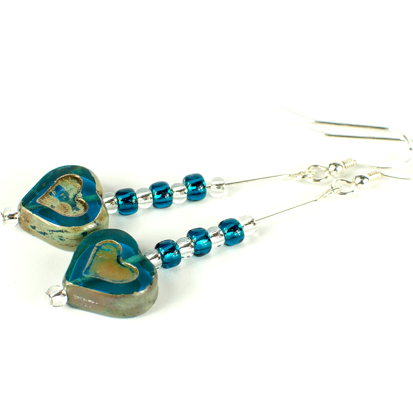 Rich aqua glass heart hook earrings