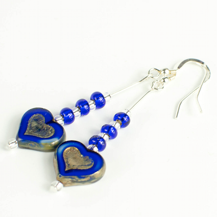 Rich blue mix glass heart hookm earrings