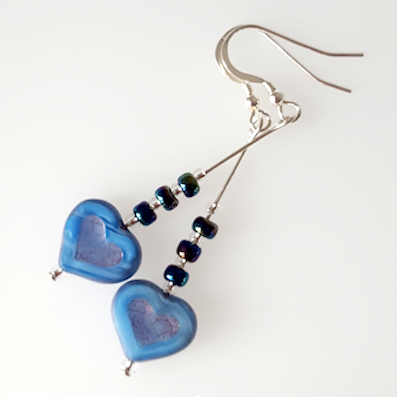 Pale blue glass heart hook earrings