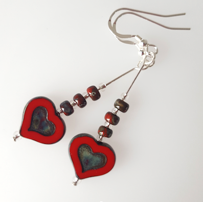 Bright red glass heart hook earrings