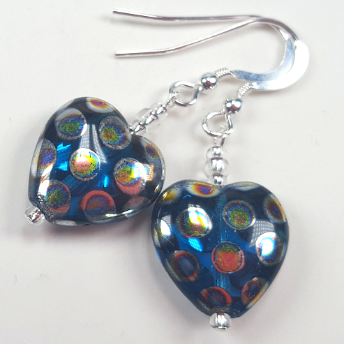 Teal spotted heart hook earrings