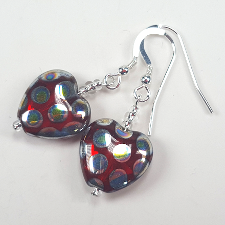 Red spotted glass heart hook earrings