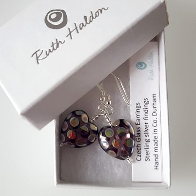 Purple spotted heart hook earrings