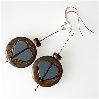 Grey disc, glass dark heart hook earrings