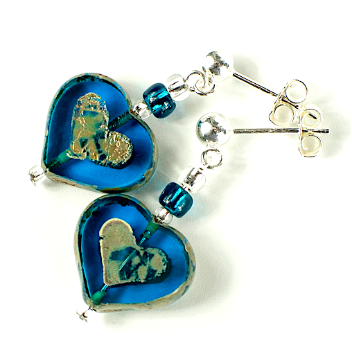 Rich aqua glass heart post earrings