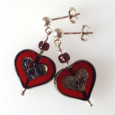 Dark red heart glass post earrings