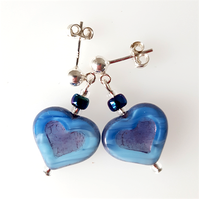 Pale blue glass heart post earrings
