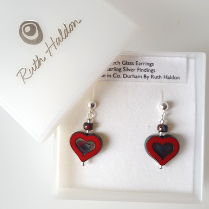 Bright red glass heart post earrings