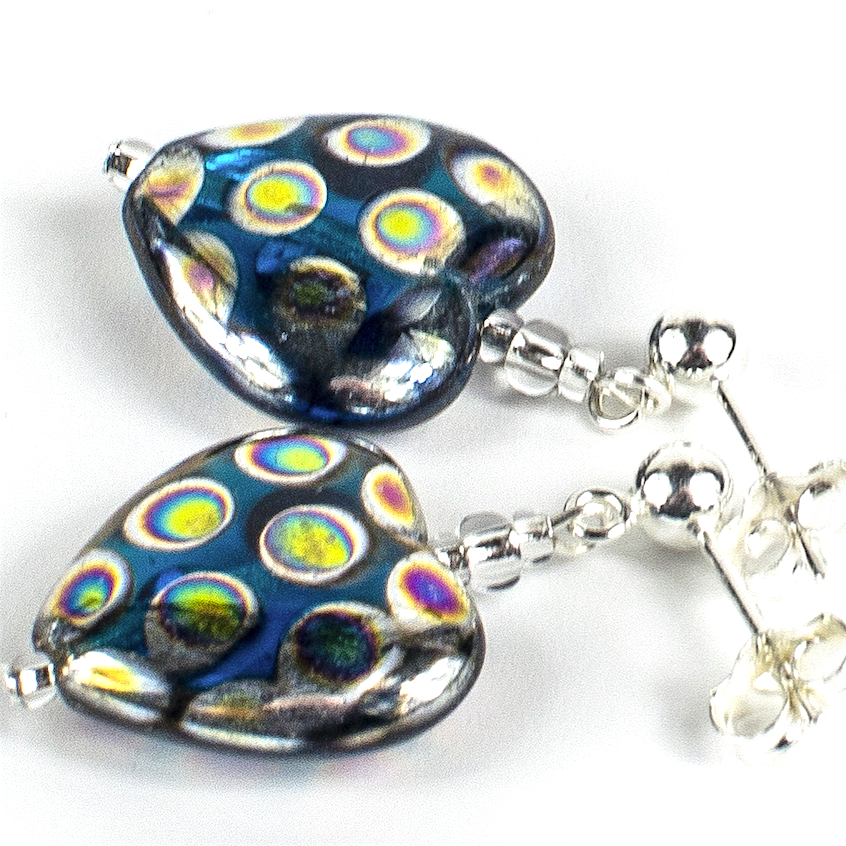 Teal spotted heart post earrings