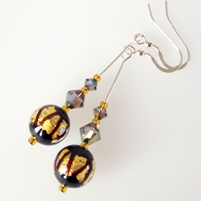 Black zig zag gold foil 10mm Murano hook earrings