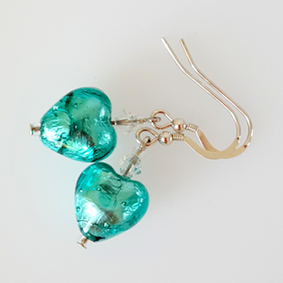Aqua lamp-work heart hook earrings