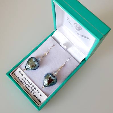 Blue/grey lamp-work heart hook earrings