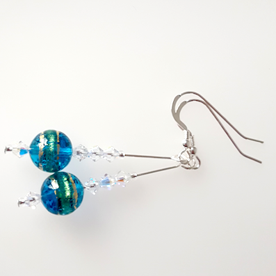Aqua, gold swirl, Murano bead hook earrings