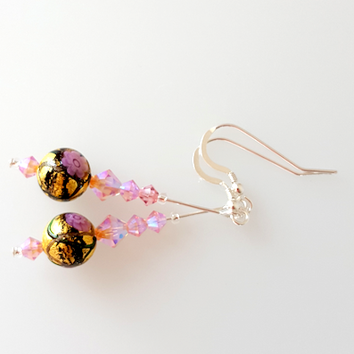 Black/gold and pink rose buds Murano hook earrings