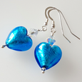 Aqua, Murano glass heart, hook earrings.