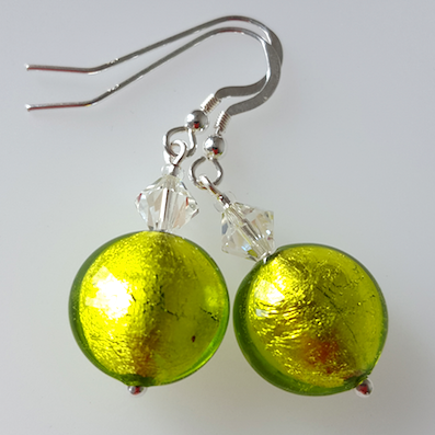 Lime green, Murano lentil hook earrings.