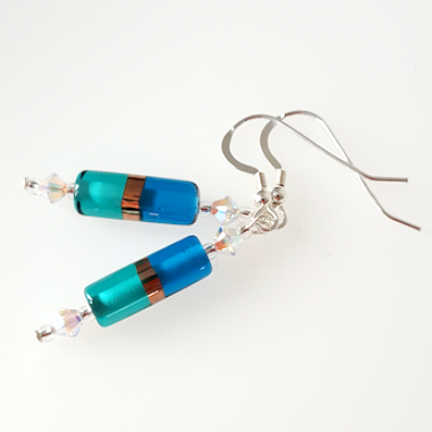 Bright aqua/blue Lamp-work tube hook earrings