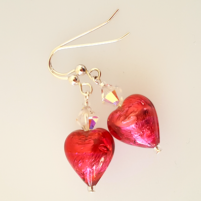 Bright pink lamp-work heart hook earrings