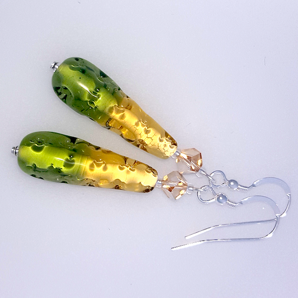 Lampwork golden/green earrings