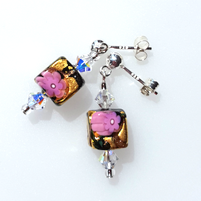 Black/pink rose bud Murano cube post earrings