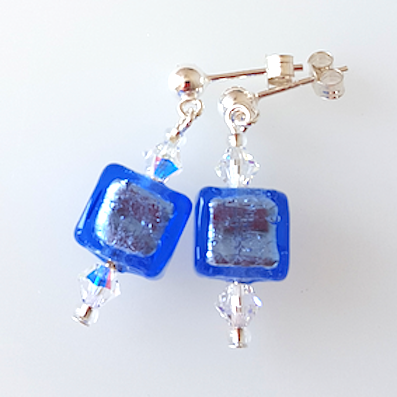 Blue silver foil lined Murano cube post earrings