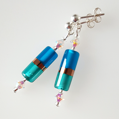 Bright Aqua/blue Lamp-work tube post earrings