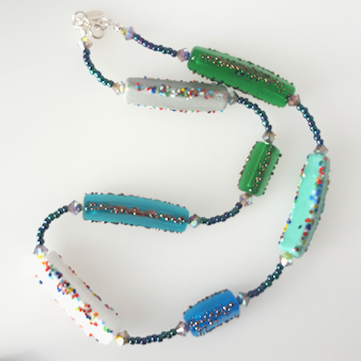 Lamp-work triangle tube aqua necklace